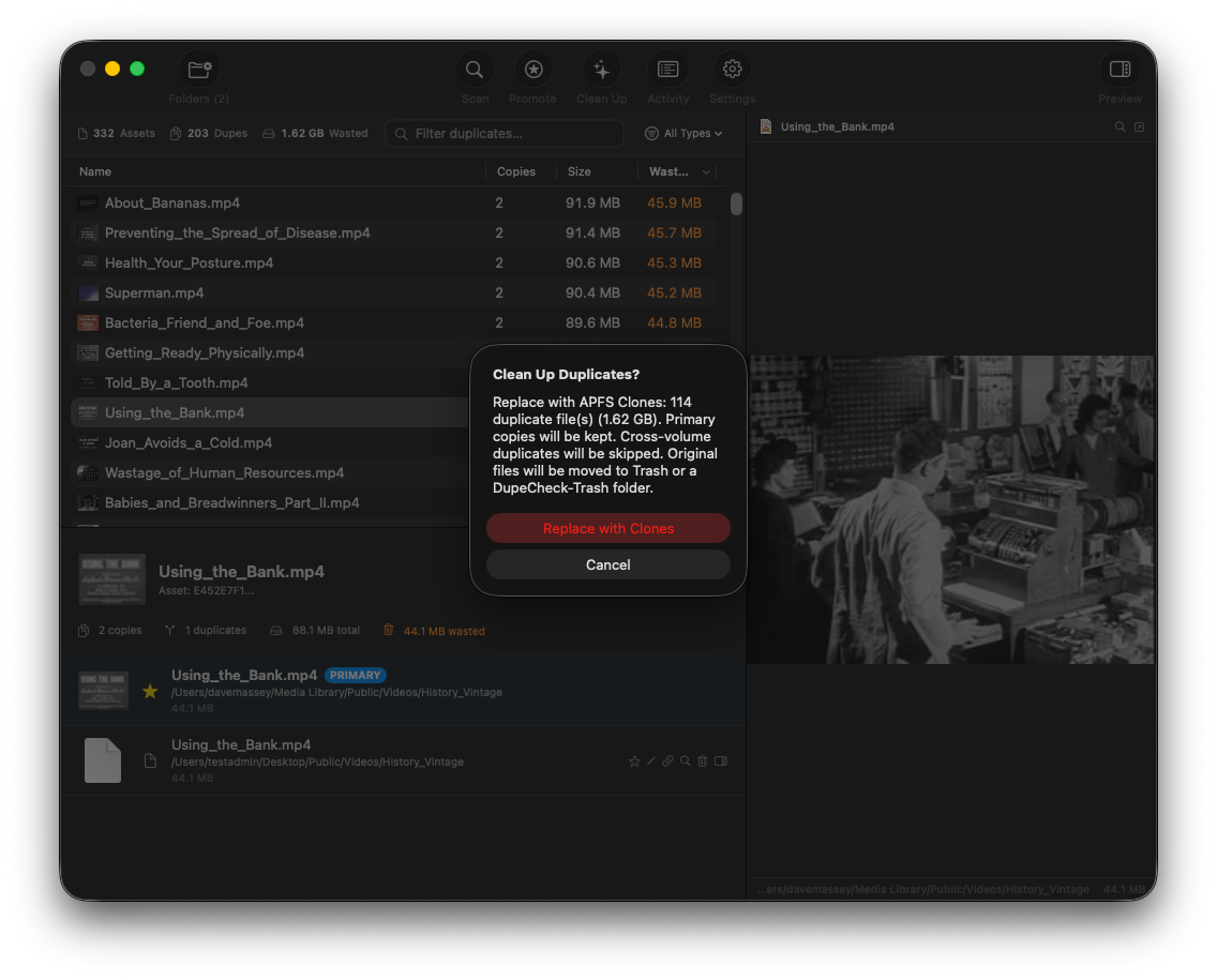DupeCheck cleanup confirmation dialog showing mode and file count