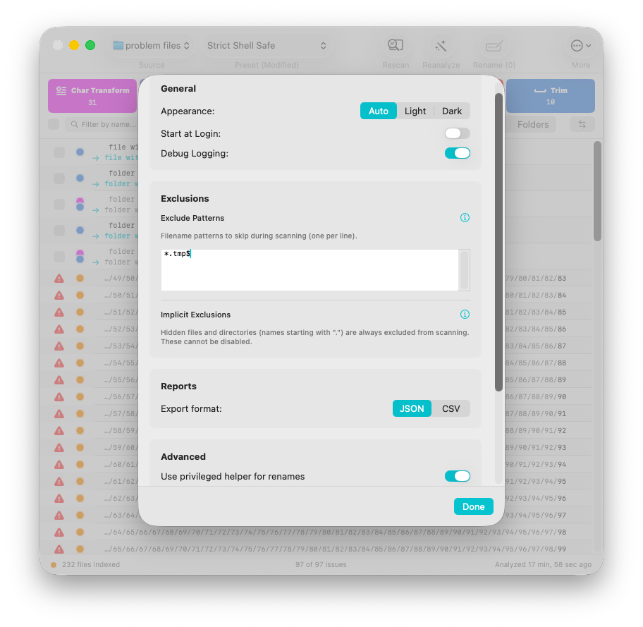 NameCheck settings showing exclusion patterns, implicit exclusions, report format, and privileged helper options
