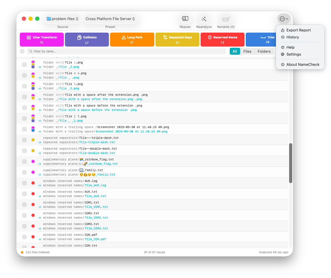 NameCheck main window showing scan results with color-coded issue badges and proposed renames