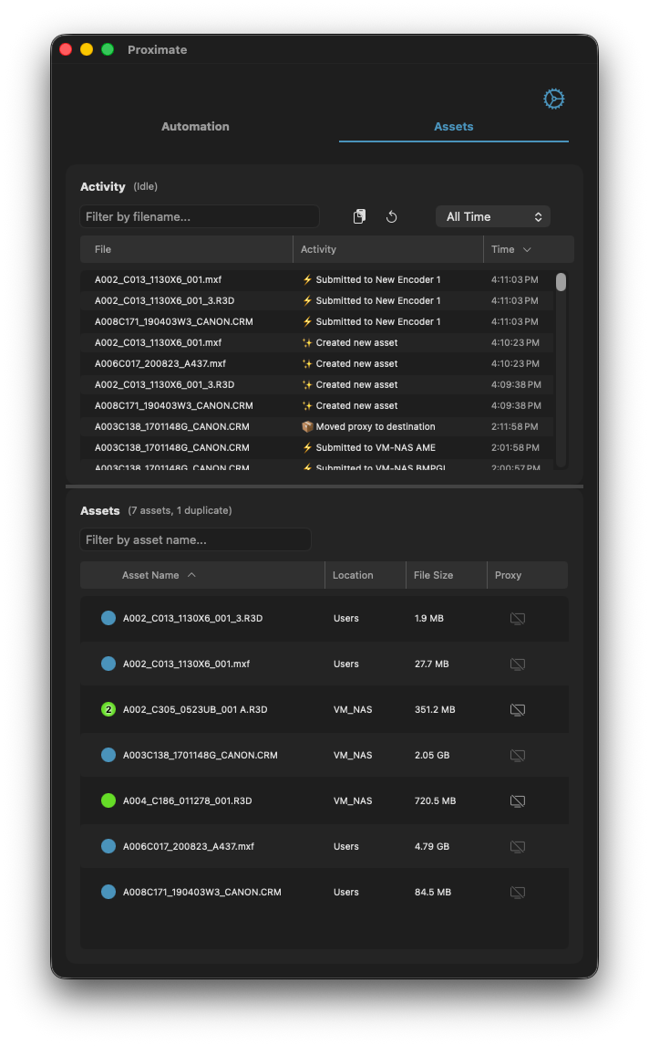 Proximate assets tab showing activity log and asset database with codec details
