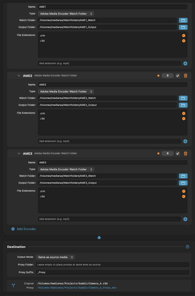 Three Adobe Media Encoder instances configured with watch and output folders