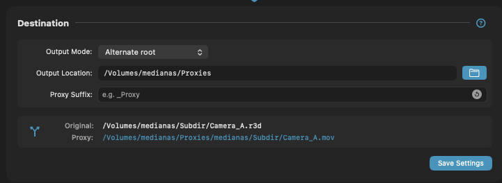 Proximate destination configured for CatDV: alternate root, no suffix