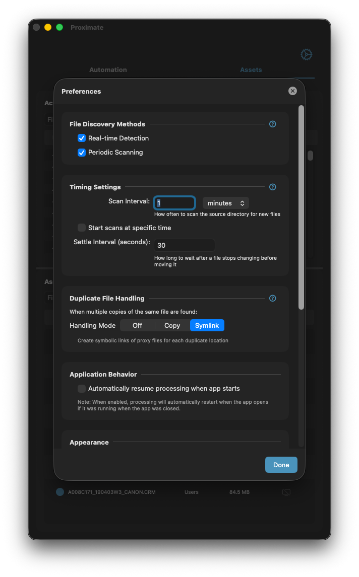 Proximate preferences showing file discovery, timing, duplicate handling, and appearance settings