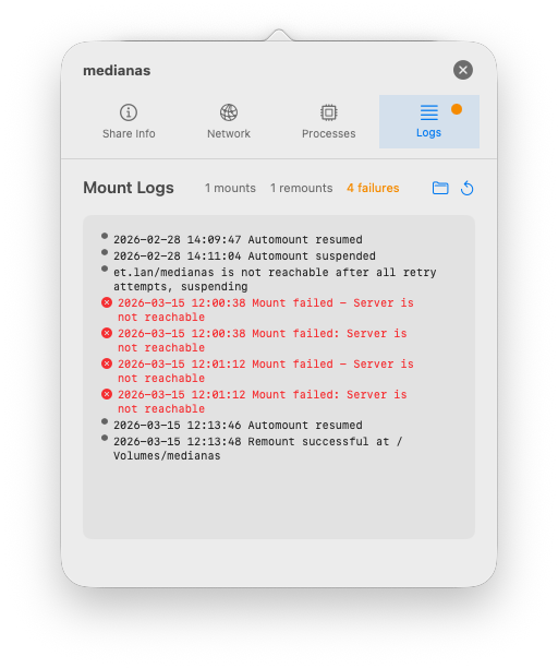Logs tab showing mount events