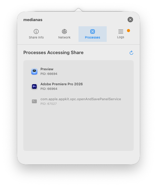 Processes tab showing apps using a share